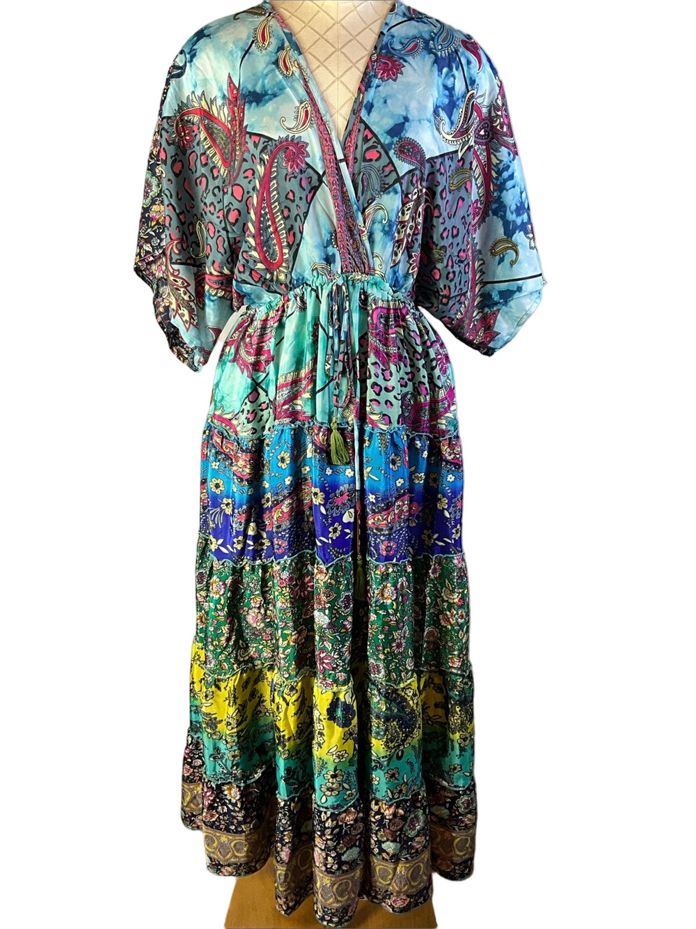 White Waves Boho Silk Blend Tiered Faux Wrap Maxi Dress Size Small/Medium